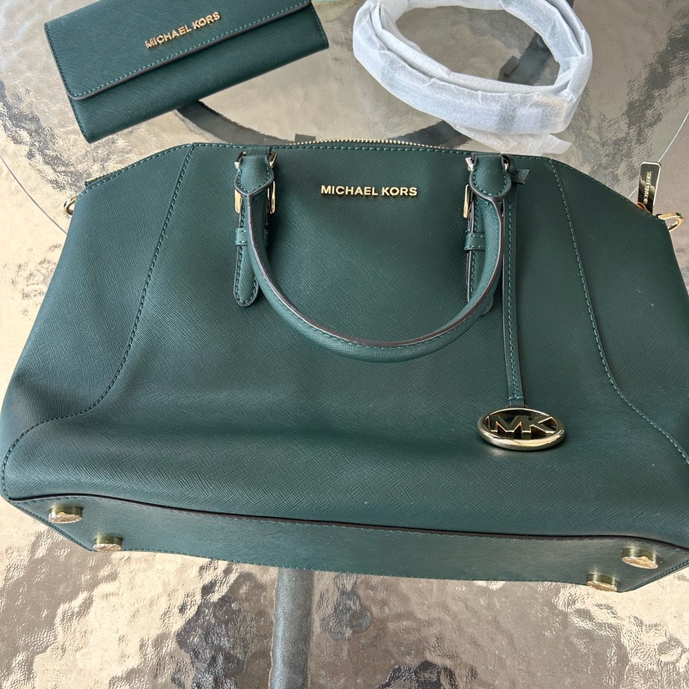 Michael Kors Forest Green Satchel and Wallet Set
